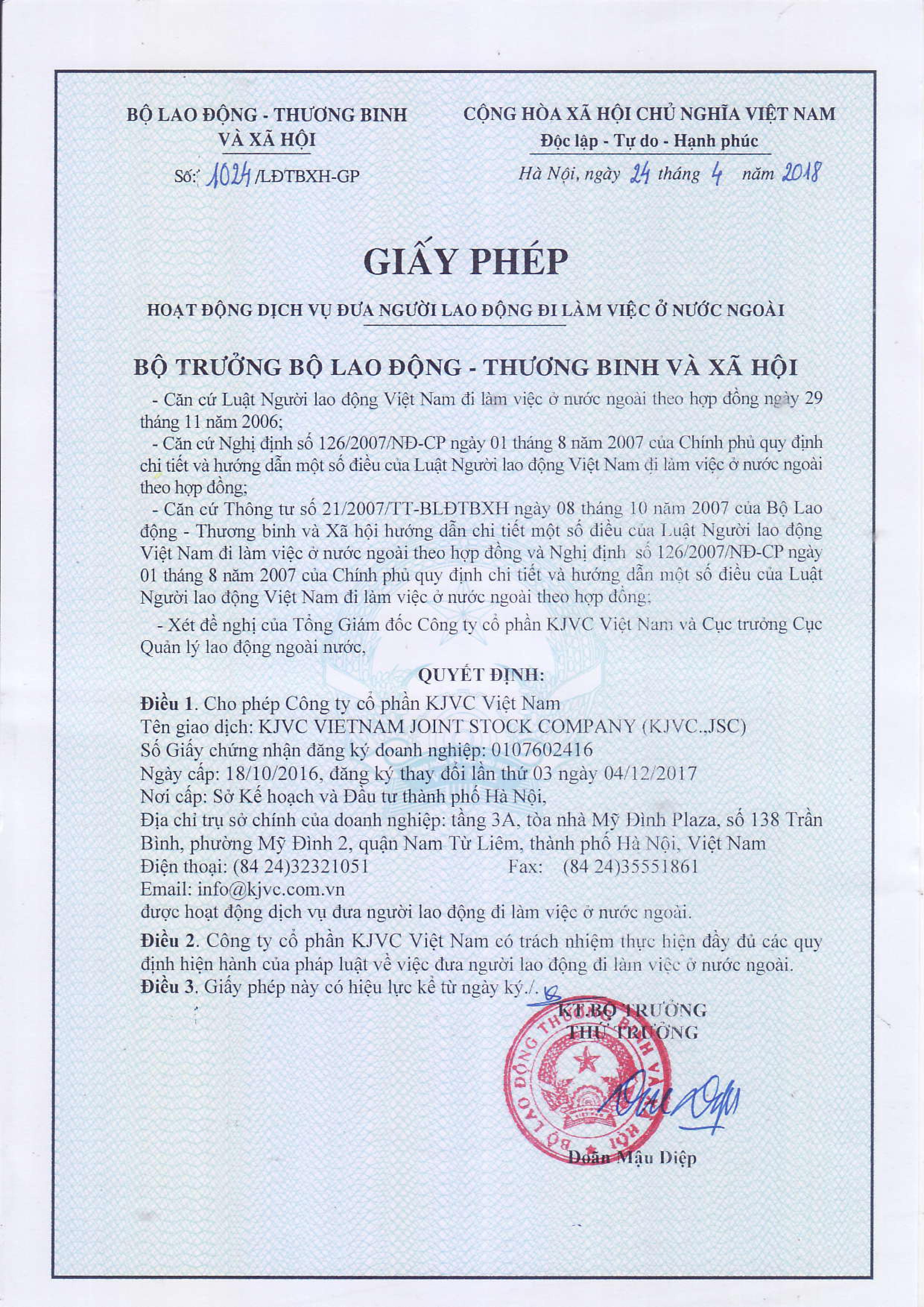 giấy phép xklđ công ty cổ phần kjvc Việt Nam